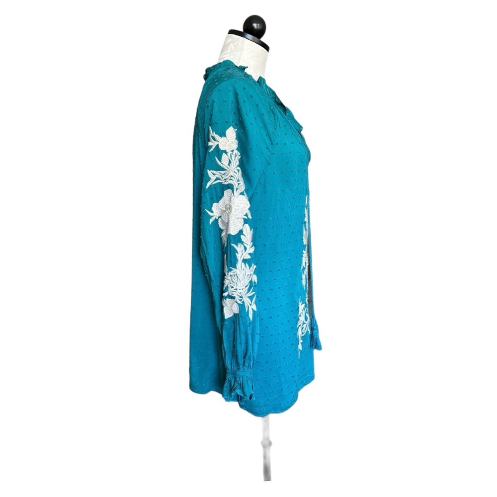 Solitaire Tunic Embroidered Peasant Blouse Turquoise Ruffled Neck Ties Size S - Picture 7 of 13